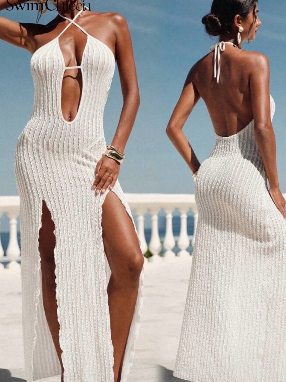 SHEIN White Crochet Knit Halter Swim Coverup Maxi Dress